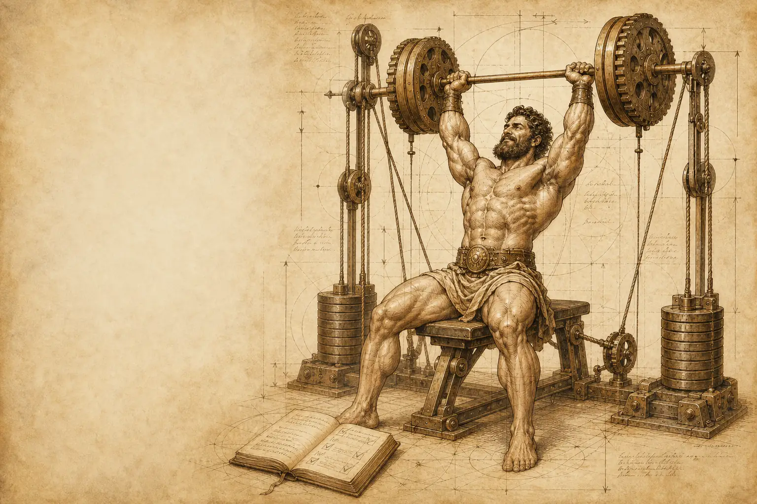 Parchment engineering study of Hercules pressing a gear-plated barbell on a pulley machine