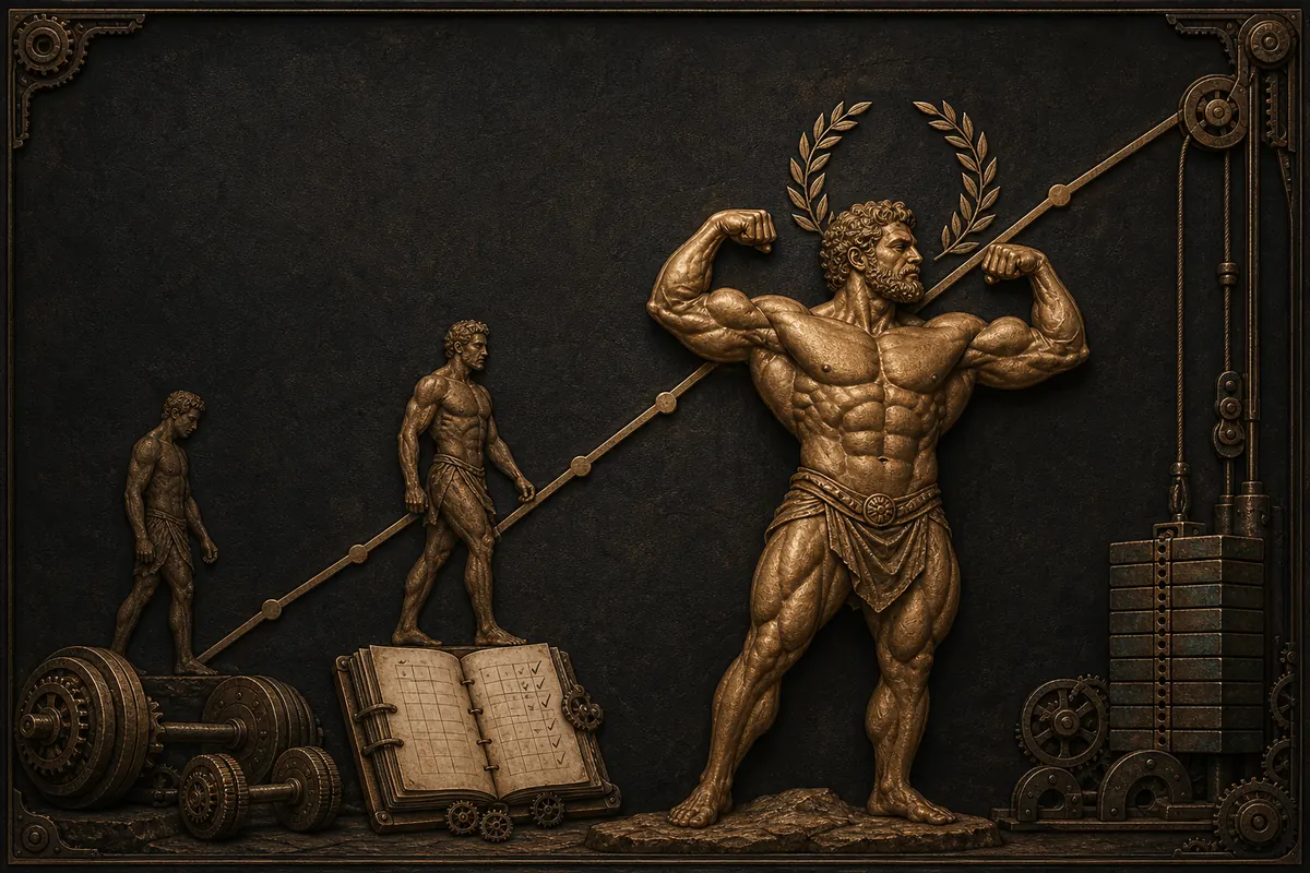 Bronze relief of Hercules beside rising strength charts
